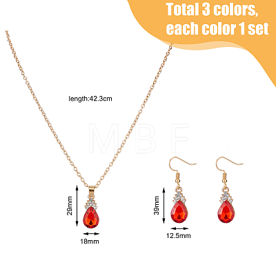 3 Sets 3 Colors Rhinestone Teardrop Dangle Earrings & Pendant Necklace SJEW-FI0001-27-1