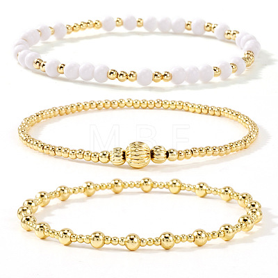 3Pcs Glass & Brass Round Beads Stretch Bracelets HD9470-2-1