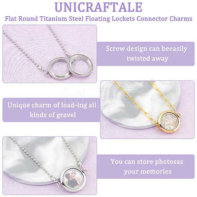Unicraftale 2Pcs 2 Colors Flat Round Titanium Steel Floating Lockets Connector Charms FIND-UN0001-84A-1