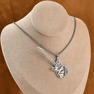 304 Stainless Steel Hollow Guitar Pendant Box Chain Necklaces NJEW-M086-03P-1