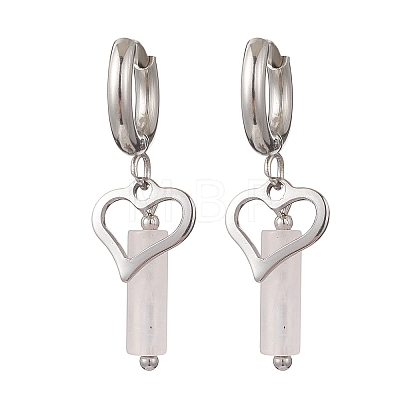 304 Stainless Steel Rose Quartz Column Hoop Earrings EJEW-JE06791-02-1