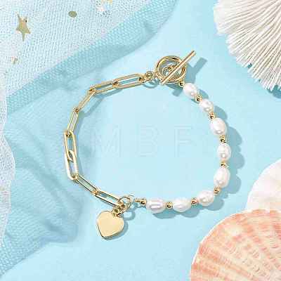 Natural Cultured Freshwater Pearl Beads Paperclip Chains Heart Charm Bracelets with Toggle Clasps for Women BJEW-JB10193-1