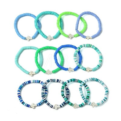 12Pcs 12 Colors Polymer Clay Disc Beaded Stretch Bracelet Sets BJEW-JB10736-1