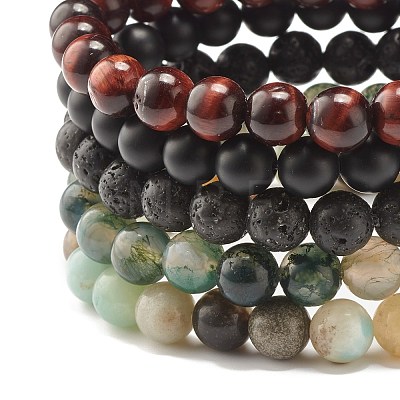 8MM Natural Mixed Stone Round Beads Strerch Bracelets Set for Men Women BJEW-JB07409-1