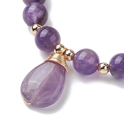 Natural Amethyst Stretch Bracelets with Teardrop Charms for Women BJEW-JB10110-05-1