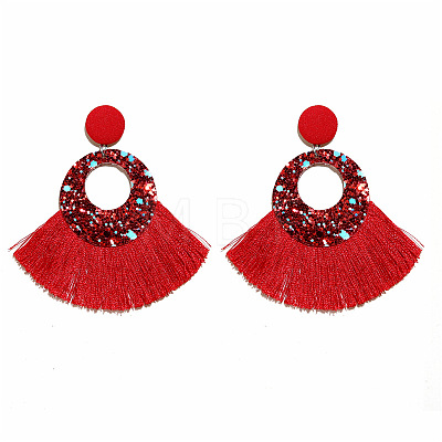 Bohemian Style Acrylic & Polyester Fan Tassel Stud Earrings FS-WGB5BEF-08-1