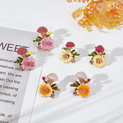 3 Pairs 3 Colors Enamel Flower with Mushroom Stud Earrings with Crystal Rhinestone EJEW-AN0003-07-1