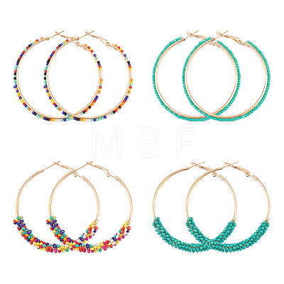 ANATTASOUL 4 Pairs 4 Style Glass Beaded Big Hoop Earrings EJEW-AN0002-22-1