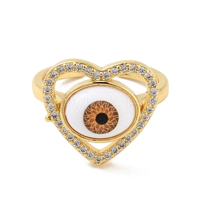 Cubic Zirconia Heart with Evil Eye Open Cuff Ring with Acrylic RJEW-B042-05G-03-1