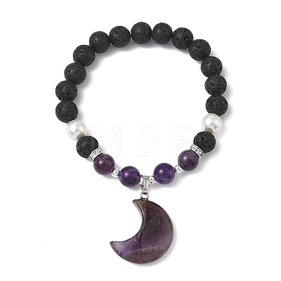 Natural Amethyst & Lava Rock & Shell Pearl Charm Bracelets BJEW-JB13705-02-1