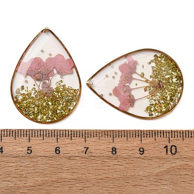 Brass & Transparent Epoxy Resin & Dried Flower Pendants RESI-G133-04G-01-1