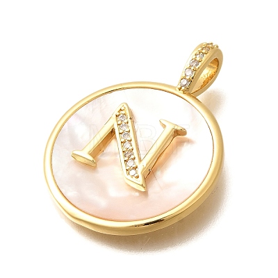 Rack Plating Brass Micro Pave Clear Cubic Zirconia Pendants with Shell KK-M309-42G-N-1