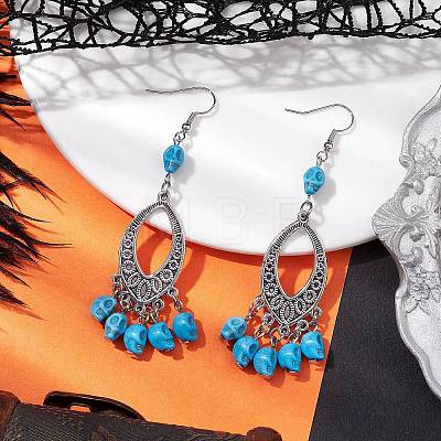 Halloween Skull Dyed Synthetic Turquoise & Alloy Dangle Earrings EJEW-JE05890-05-1