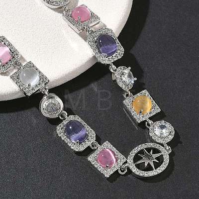 Brass Micro Pave Clear Cubic Zirconia with Multicolor Cat Eye Rectangle Square Oval Tennis Necklaces NJEW-G183-05P-1