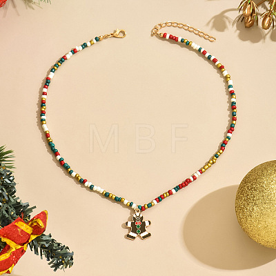 Christmas Alloy Enamel Pendant Colorful Glass Seed Beaded Necklaces FS-WG695D6-05-1