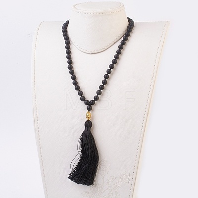 Natural Black Agate Buddha Mala Beads Necklaces NJEW-JN02129-01-1