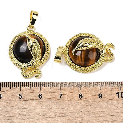 Natural Tiger Eye Flat Round Shaped Brass Pendants KK-F887-03G-25-1