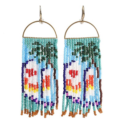 Boho Seed Bead Tree Pattern Tassel Earrings EJEW-Z072-01-1