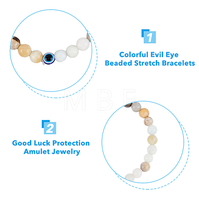 FIBLOOM 8Pcs 8 Style Natural & Synthetic Mixed Gemstone & Evil Eye Round Beaded Stretch Bracelets Set BJEW-FI0001-48-1