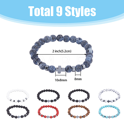 9Pcs 9 Style Natural & Synthetic Mixed Stone & Synthetic Hematite Cross Beaded Stretch Bracelets Set BJEW-FI0001-49-1