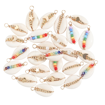 28Pcs 7 Styles Natural Cowrie Shell Copper Wire Wrapped Pendants FIND-SC0015-50-1