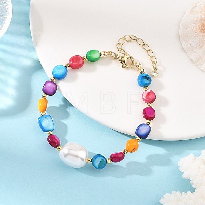 Dyed Natural Shell Nuggets & Shell Pearl Beaded Bracelets BJEW-JB14208-1