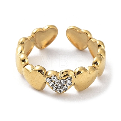 304 Stainless Steel Heart Open Cuff Ring with Crystal Rhinestone RJEW-L109-003G-1