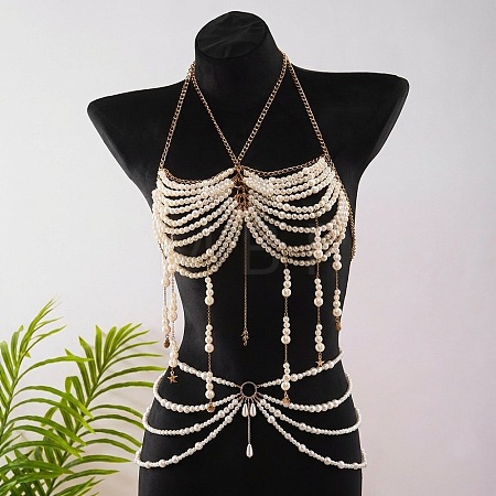 Alloy Sea Horse Imitation Pearl Round Beaded Layered Tassel Body Chest Waist Chains WGA0E03-03-1