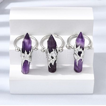 Natural Amethyst & Brass Cuff Rings for Women RJEW-G374-01P-12-1