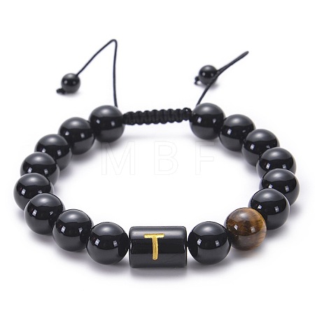 10MM Natural Black Onyx(Dyed & Heated) and Tiger Eye Alphabet Round Braided Bead Adjustable Bracelets for Women DM6424-20-1