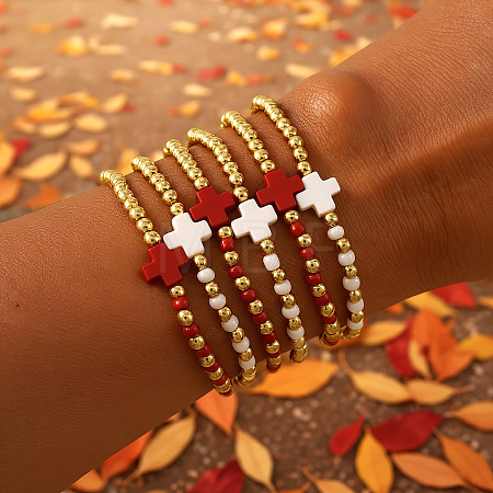 6Pcs Brass Round Beads Stretch Bracelets TI2646-1-1
