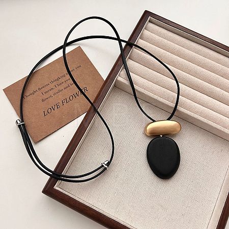 Wood & Alloy Oval Pendant Adjustable Black Waxed Cord Necklaces for Women WG6CE6E-02-1