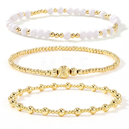 3Pcs Glass & Brass Round Beads Stretch Bracelets HD9470-2-1