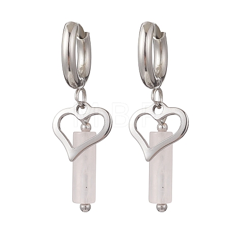 304 Stainless Steel Rose Quartz Column Hoop Earrings EJEW-JE06791-02-1