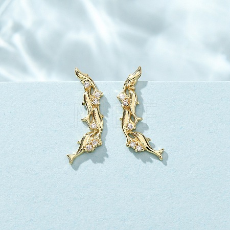 Brass Pave Cubic Zirconia Stud Crawler Earrings KK-CBAA351-20G-01-1