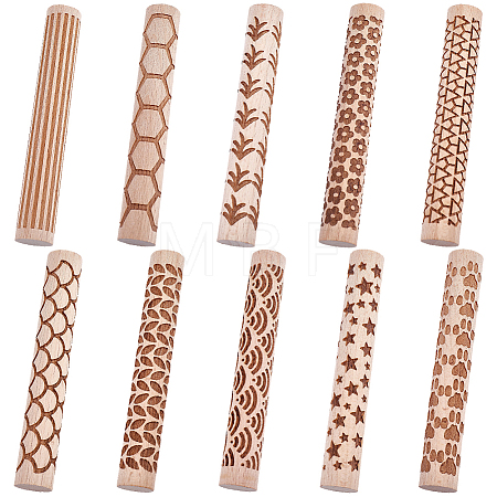 10Pcs 10 Styles Wood Handle Clay Texture Roller TOOL-CN0001-12B-1
