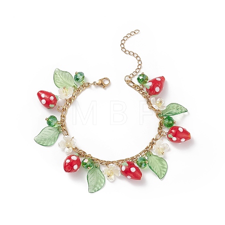 Plastic Imitation Pearl Flower & Acrylic Leaf & Lampwork Strawberry Charms Bracelet BJEW-TA00181-1