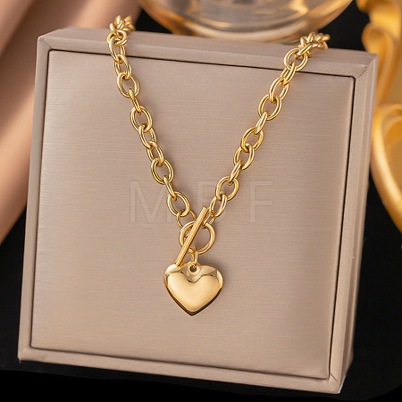 304 Stainless Steel Heart Pendant Cable Chain Necklaces for Women NJEW-C084-05G-1