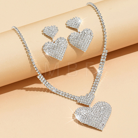 Heart Brass Crystal Rhinestone Pendant Necklaces & Stud Dangle Earrings Sets for Women WGA2345-01-1