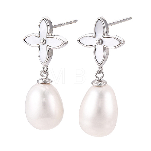 Drop Clover Natural Pearl & Shell Dangle Stud Earrings EJEW-T047-01P-1