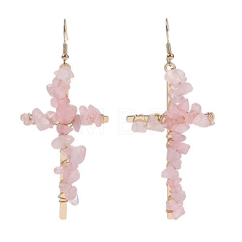 Natural Rose Quartz Cross Dangle Earrings EJEW-Z071-01G-01-1