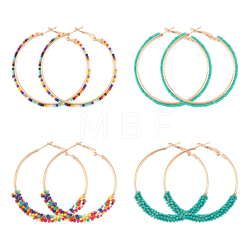 ANATTASOUL 4 Pairs 4 Style Glass Beaded Big Hoop Earrings EJEW-AN0002-22-1