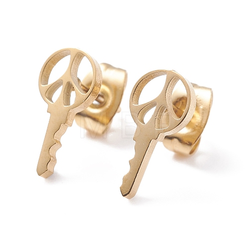 Key Shape 304 Stainless Steel Stud Earrings for Women EJEW-Z017-03G-1
