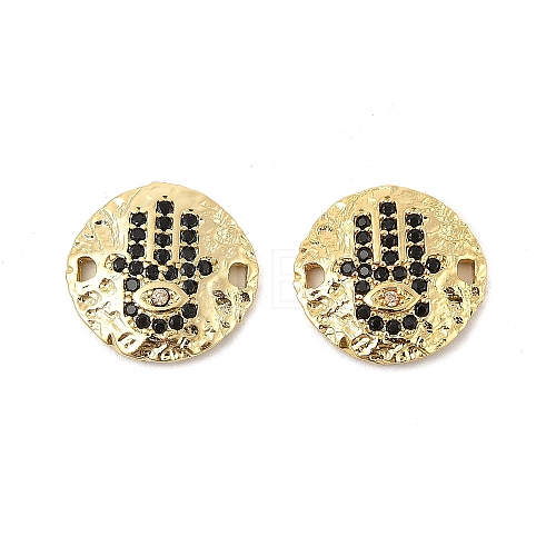 Brass Micro Pave Black Cubic Zirconia Disc with Hamsa Hand Connector Charms KK-P300-24G-02-1