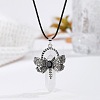 Bohemian Natural Quartz Crystal Pointed Stainless Steel Dragonfly Pendant Black PU Leather Necklaces LW6425-5-1