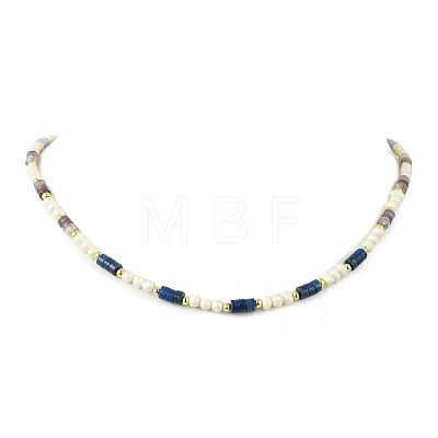 Natural Amethyst & Lapis Lazuli & Synthetic Blue Lace Agate Heishi Beads and Natural Cultured Freshwater Pearl Rice Beaded Necklaces for Women NJEW-JN06294-02-1