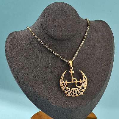 304 Stainless Steel Hollow Crescent Moon Pendant Box Chain Necklaces NJEW-M086-02G-1