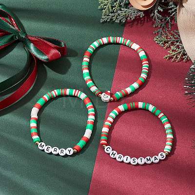 3Pcs 3 Styles Handmade Polymer Clay Beaded Stretch Bracelet Sets BJEW-JB10806-1