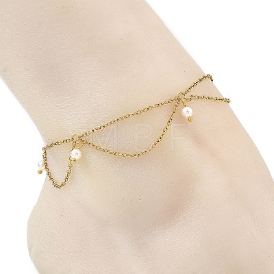 White Round Shell Pearl Charm Anklets AJEW-AN00834-1