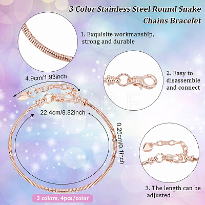 12Pcs 3 Color Stainless Steel Round Snake Chains Bracelet for Men Women DIY-BC0009-44-1